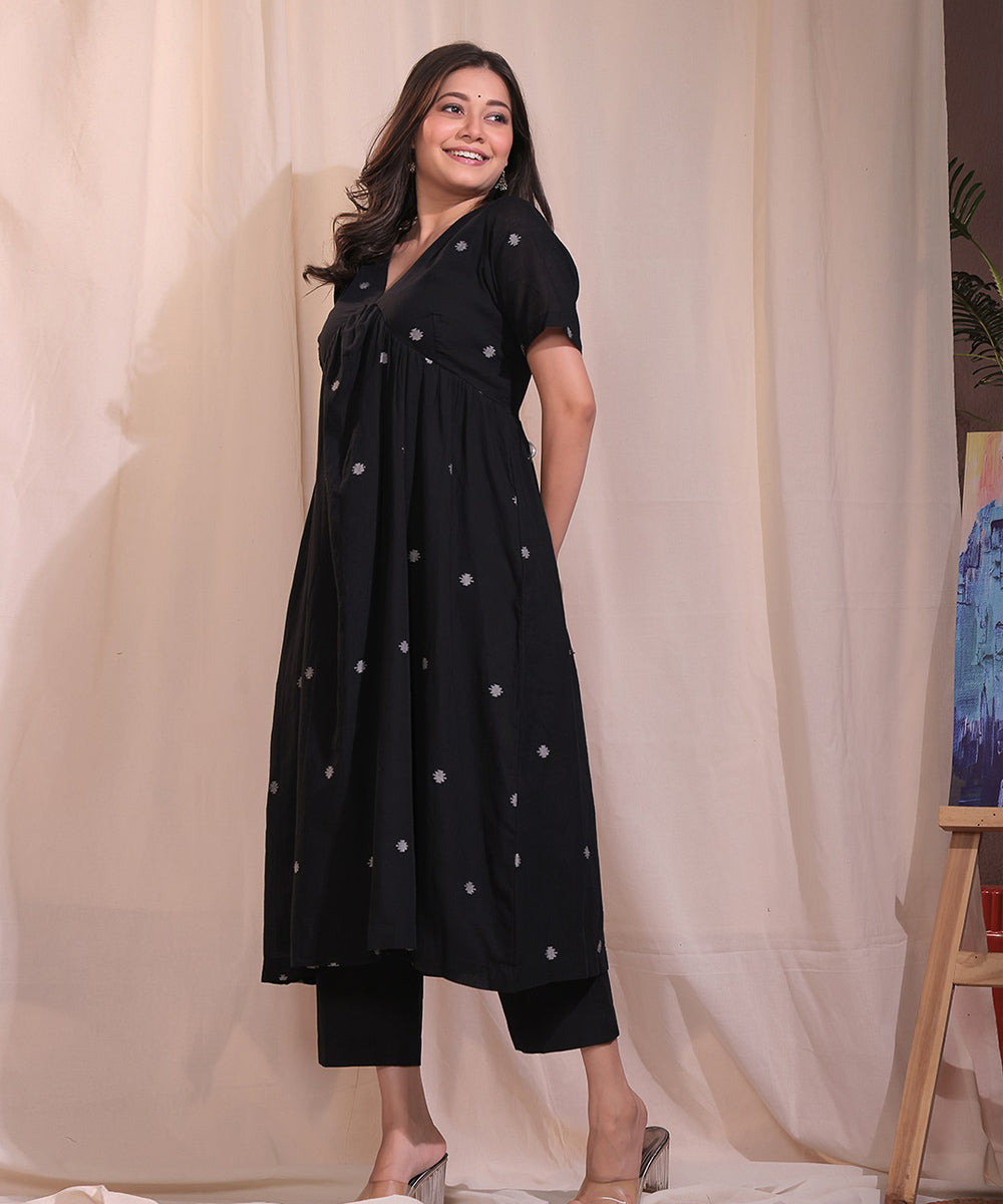 Handloom black cotton jamdani flared kurta set with dupatta