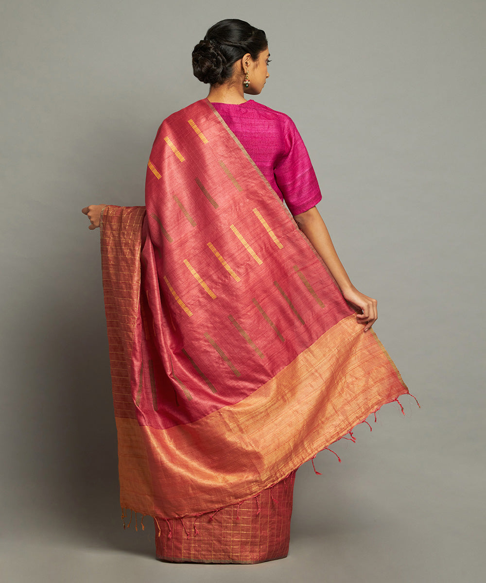 Bright red tussar silk hand woven chhattisgarh kosa saree
