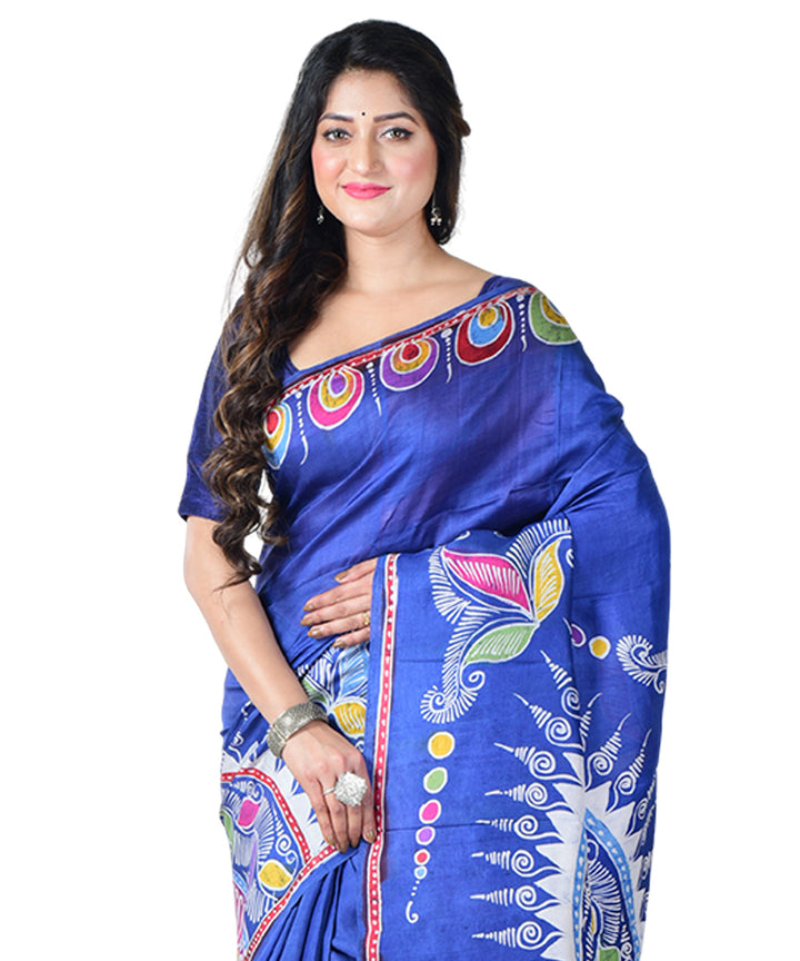 Navy blue white batik print handprinted silk saree