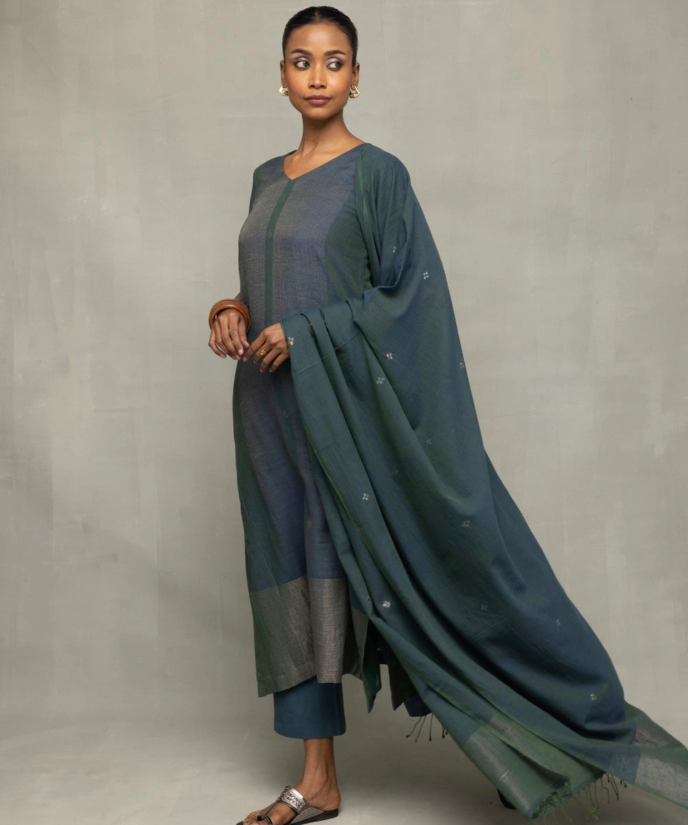 Teal green jamdani kurta set with silver zari border and dupatta