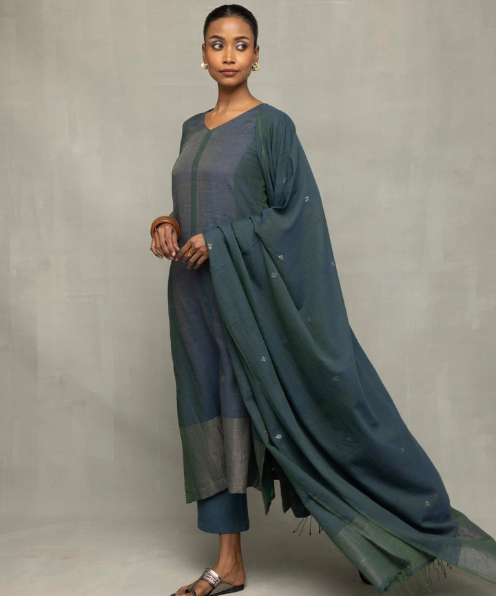 Teal green jamdani kurta set with silver zari border and dupatta