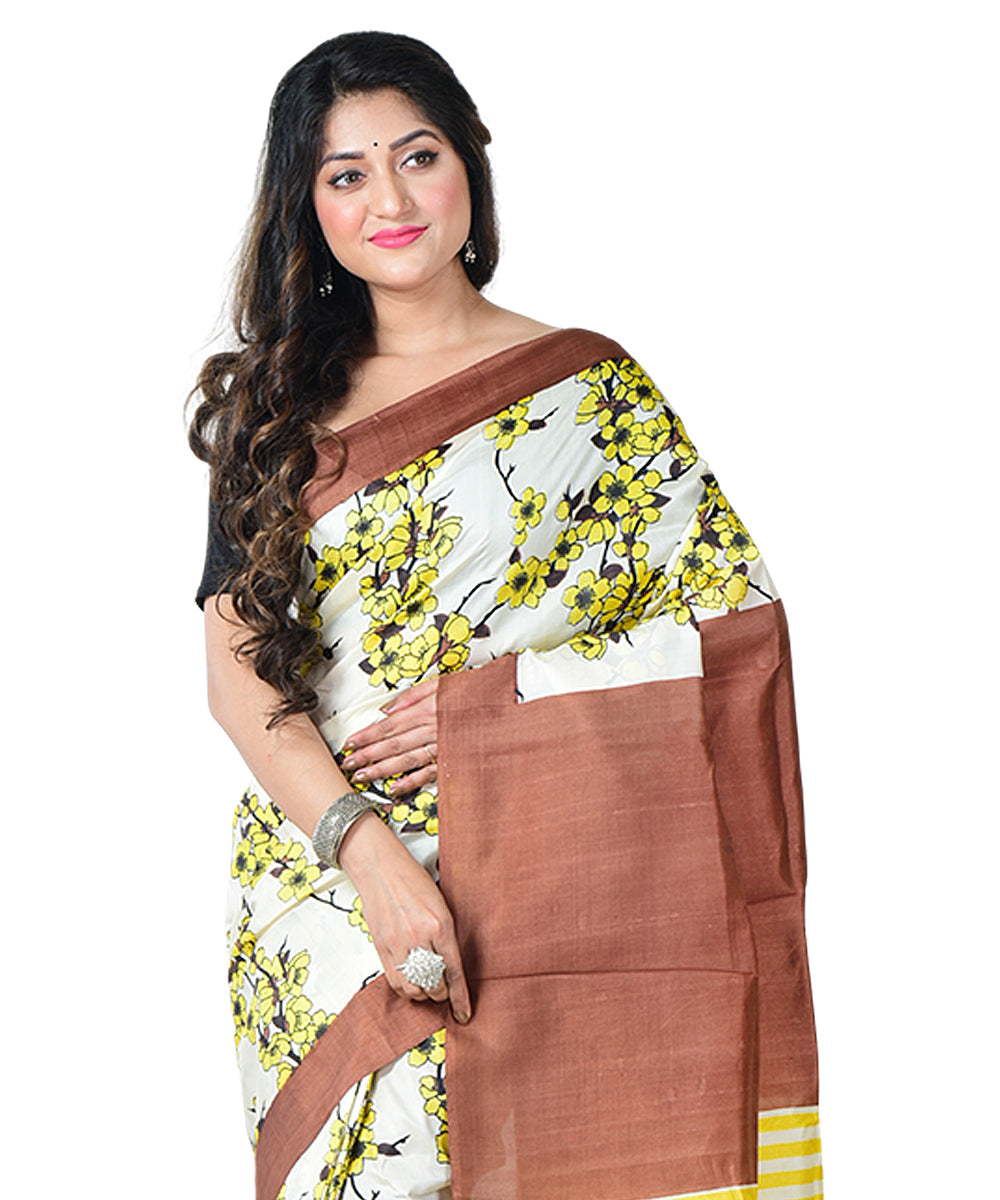 Beige brown block print handprinted silk saree