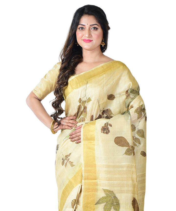 Beige green  handprinted silk saree
