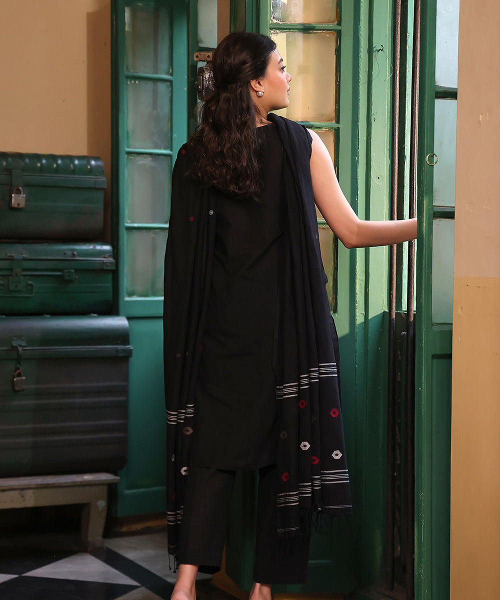 Black cotton kurta set with jamdani dupatta