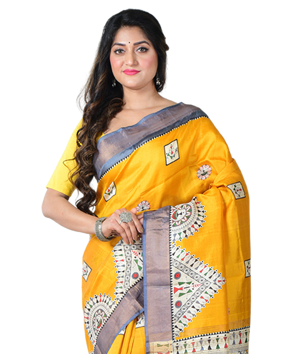 Mustard white block print handprinted silk saree