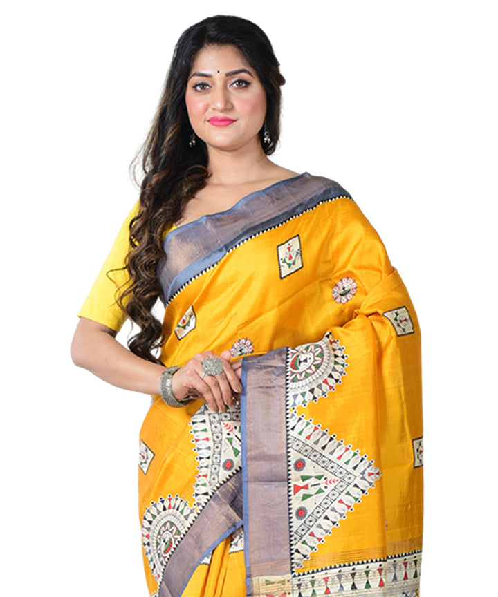 Mustard white block print handprinted silk saree
