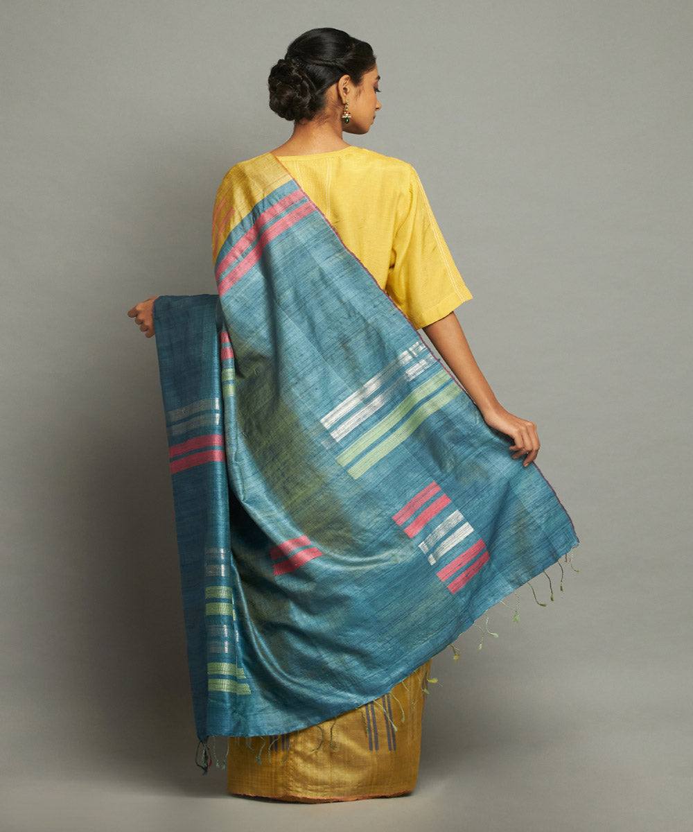 Yellow blue tussar silk hand woven chhattisgarh kosa saree