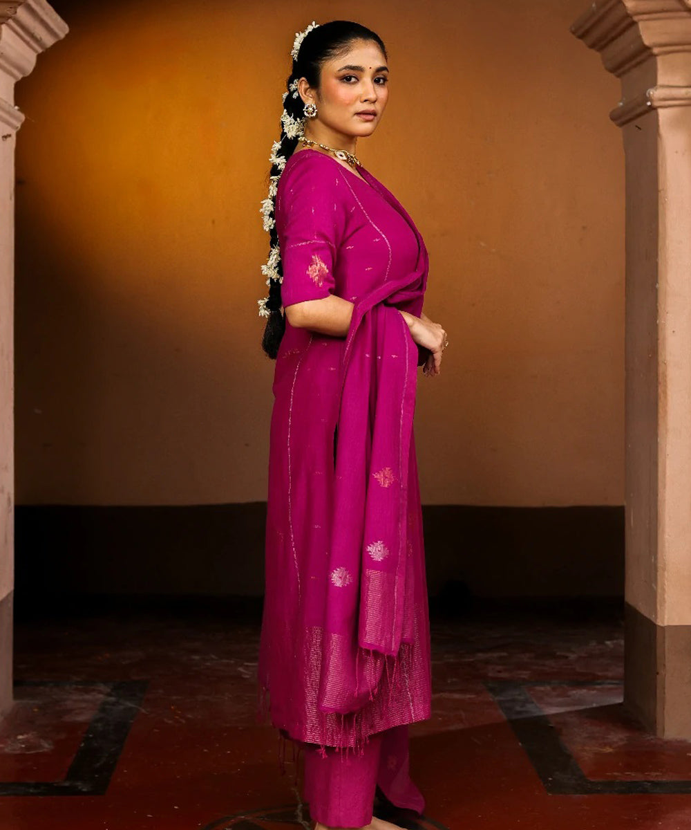 Handloom rani pink cotton zari jamdani kurta set with dupatta