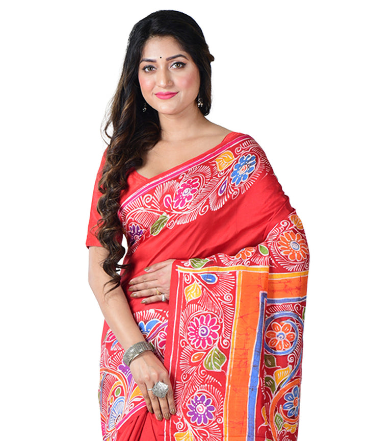 Red multicolor batik print handprinted silk saree