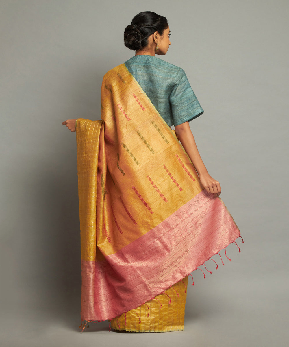 Yellow tussar silk handwoven chhattisgarh kosa saree