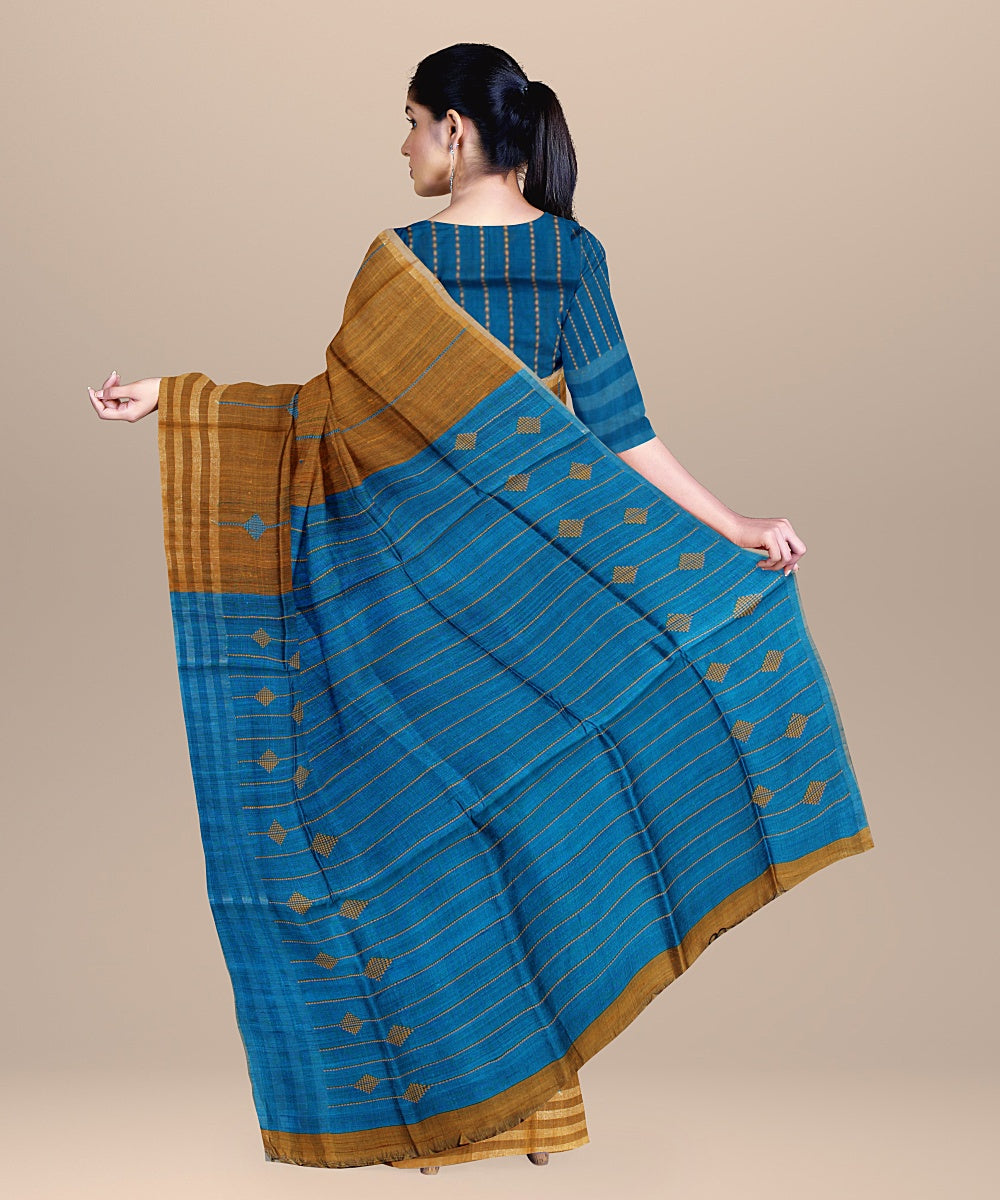 Mustard cobalt blue raw silk handloom bhagalpur saree