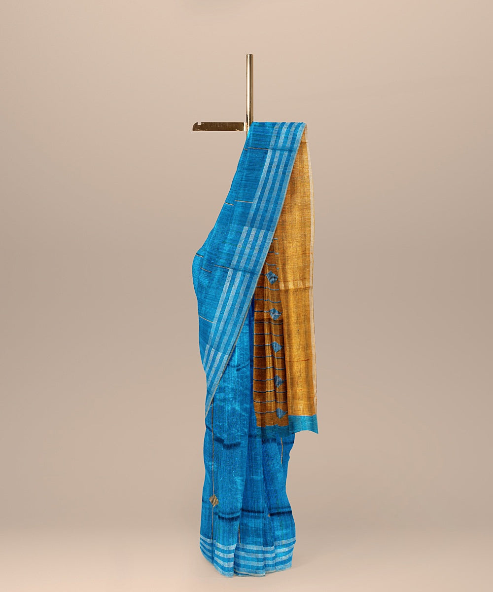 Cobalt blue mustard raw silk handloom bhagalpur saree