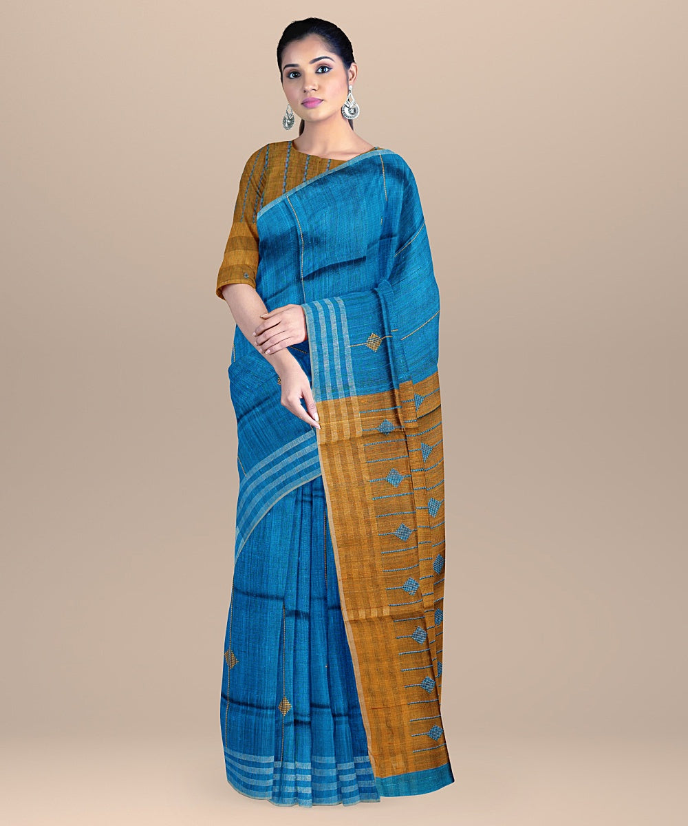 Cobalt blue mustard raw silk handloom bhagalpur saree