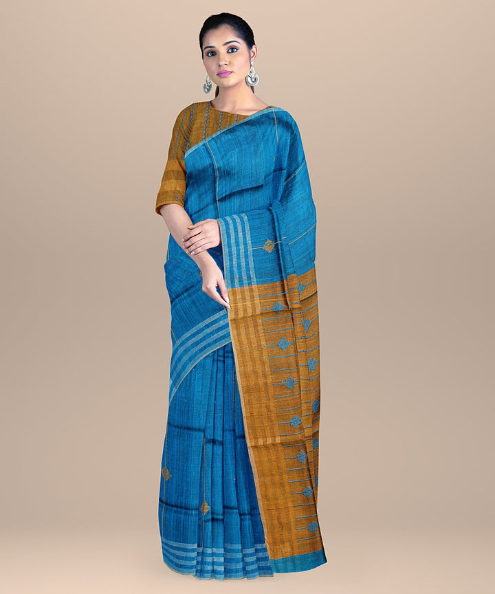 Cobalt blue mustard raw silk handloom bhagalpur saree