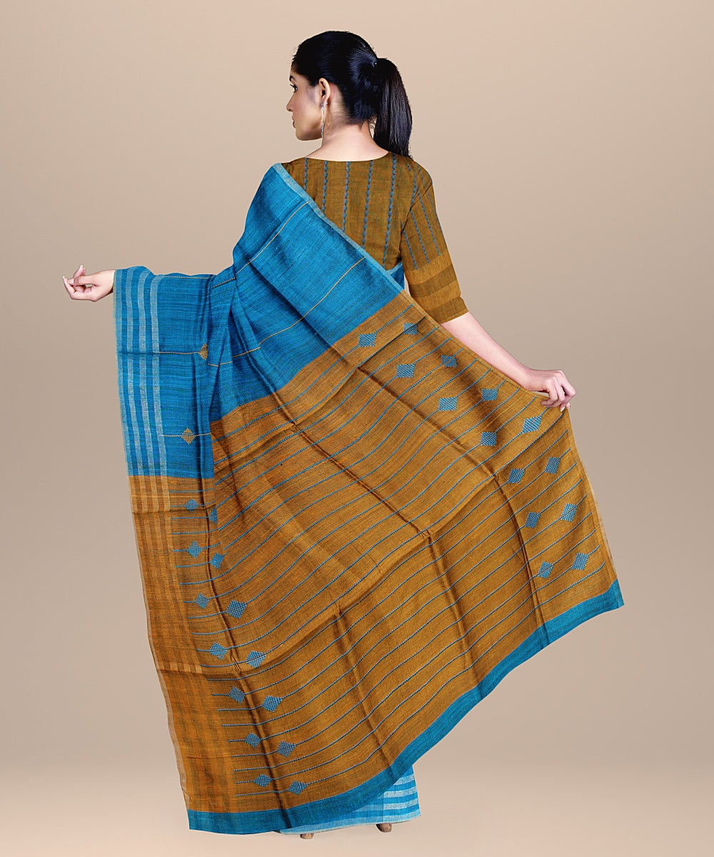 Cobalt blue mustard raw silk handloom bhagalpur saree