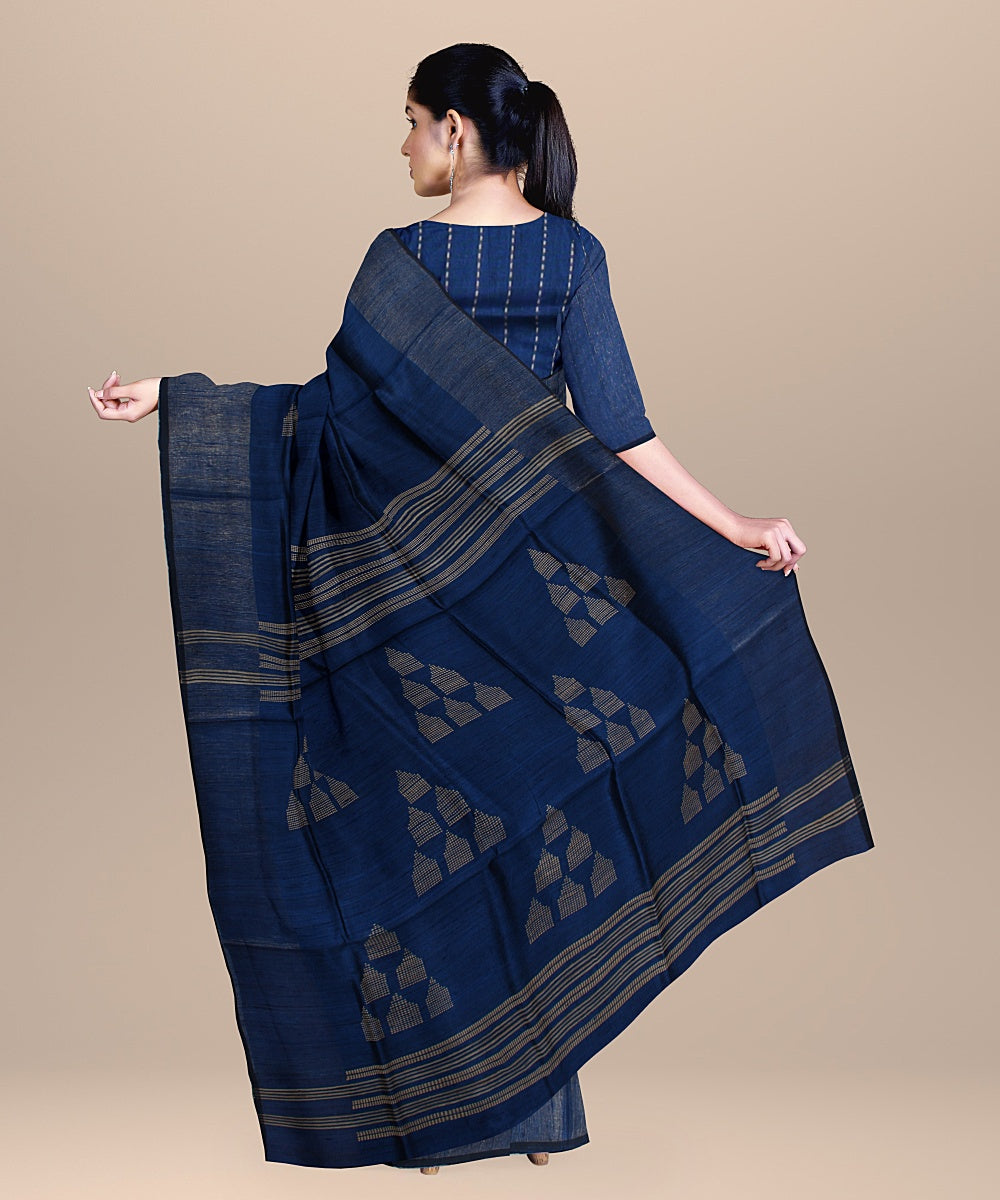 Dark blue raw silk handloom bhagalpur saree