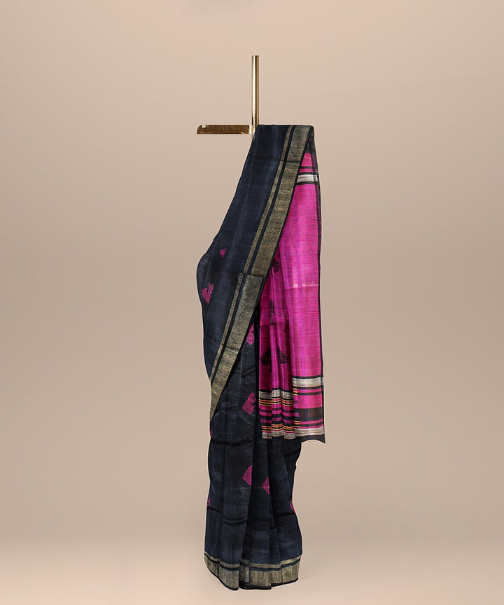 Black pink raw silk handloom bhagalpur saree