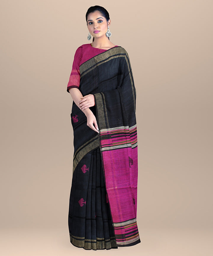 Black pink raw silk handloom bhagalpur saree