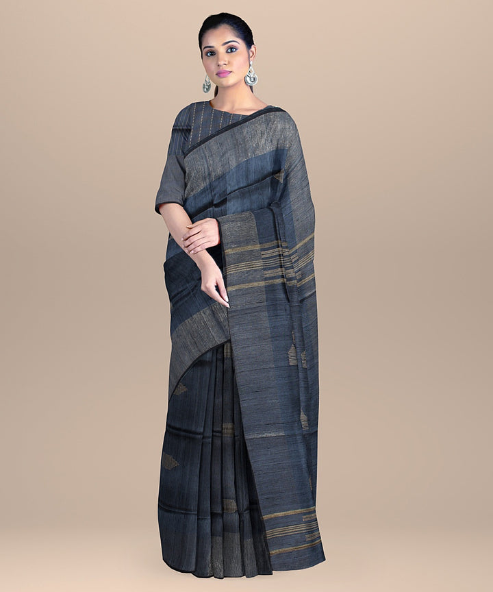 Ash grey gold zari raw silk handloom bhagalpur saree