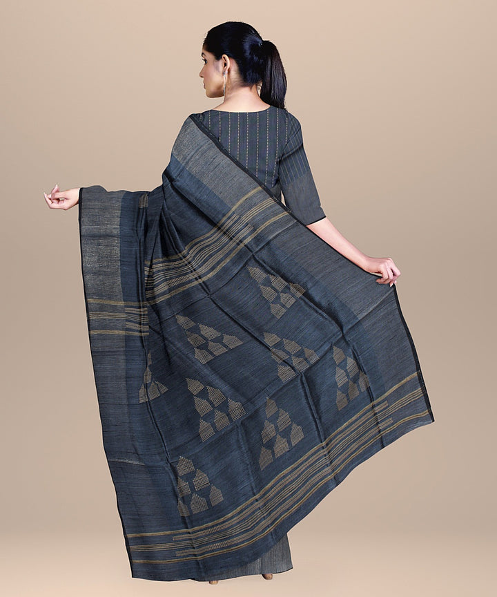 Ash grey gold zari raw silk handloom bhagalpur saree