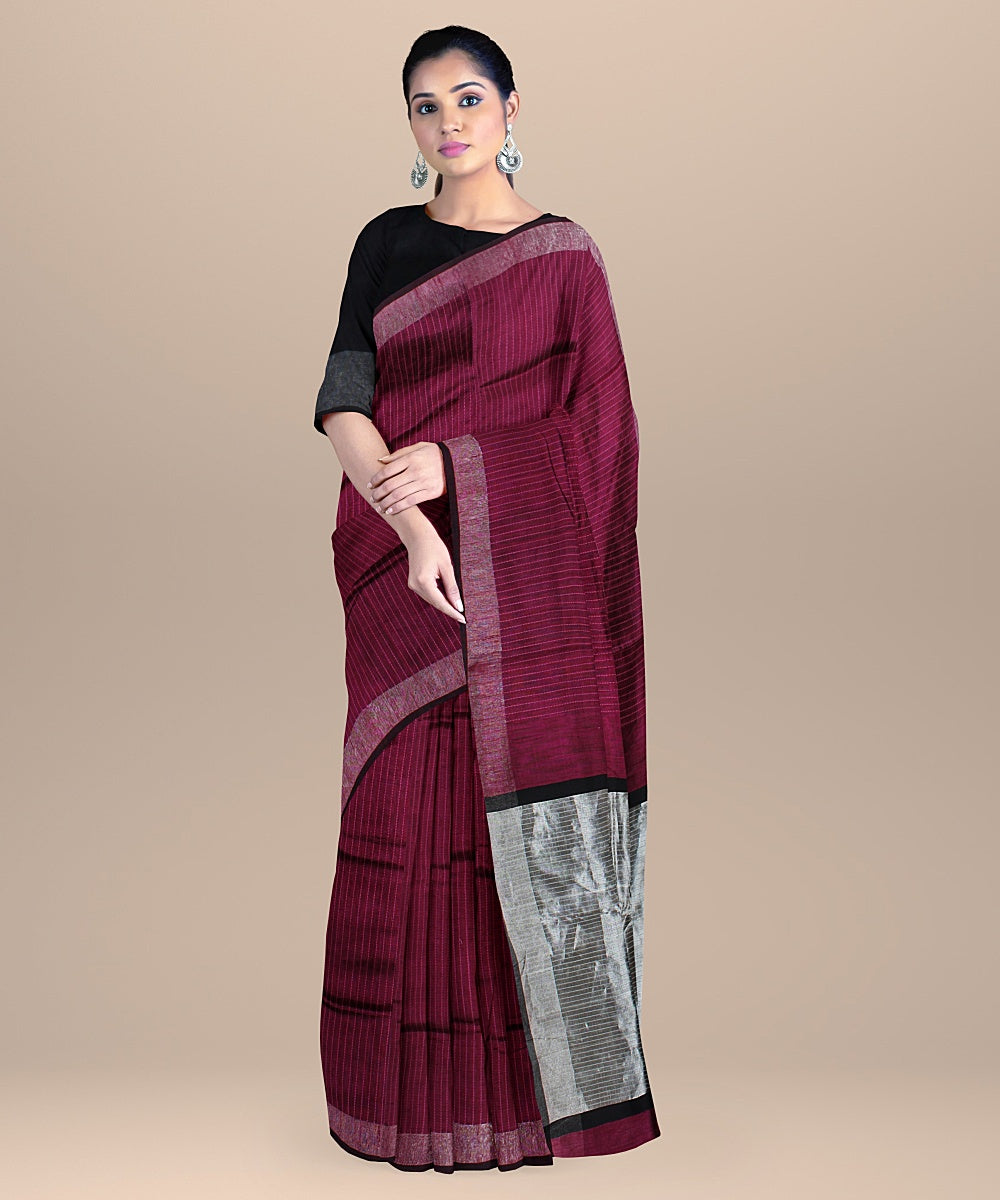 Maroon grey raw silk handloom bhagalpur saree