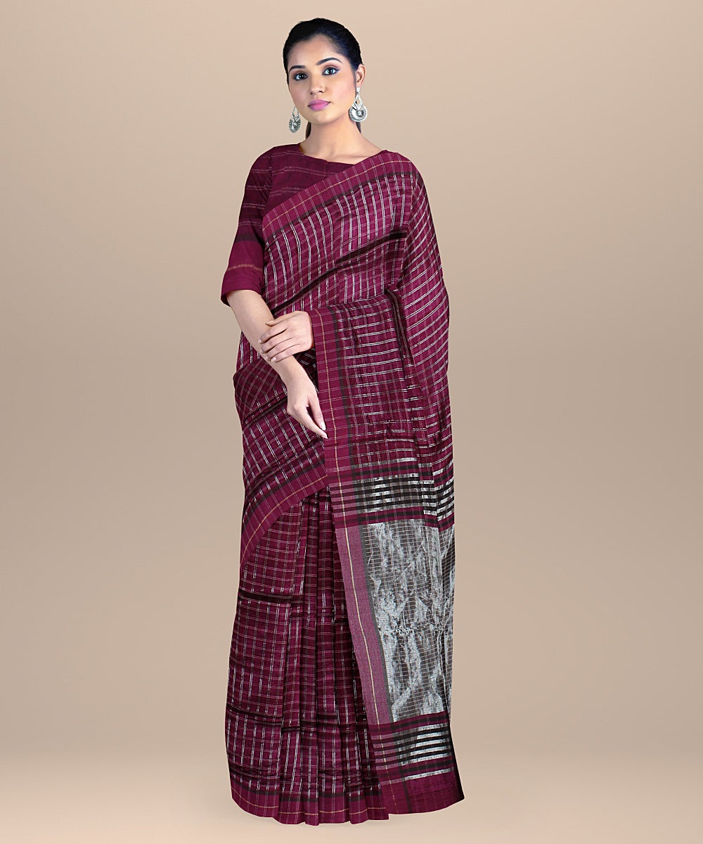 Purple checked raw silk handloom bhagalpur saree