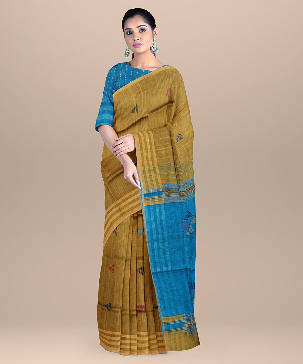 Light brown blue raw silk handloom bhagalpur saree