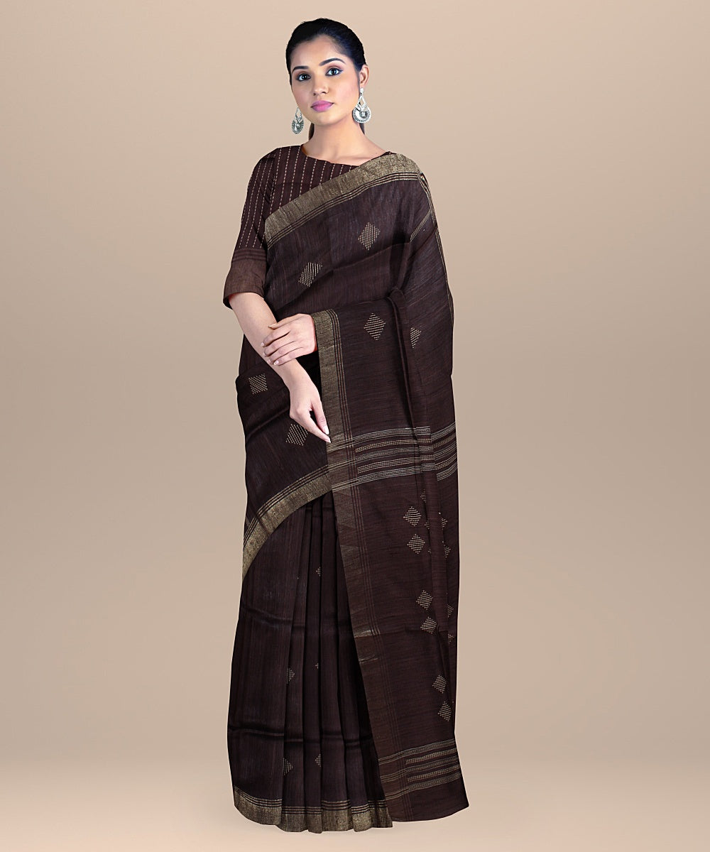 Deep brown raw silk handwoven bhagalpur saree