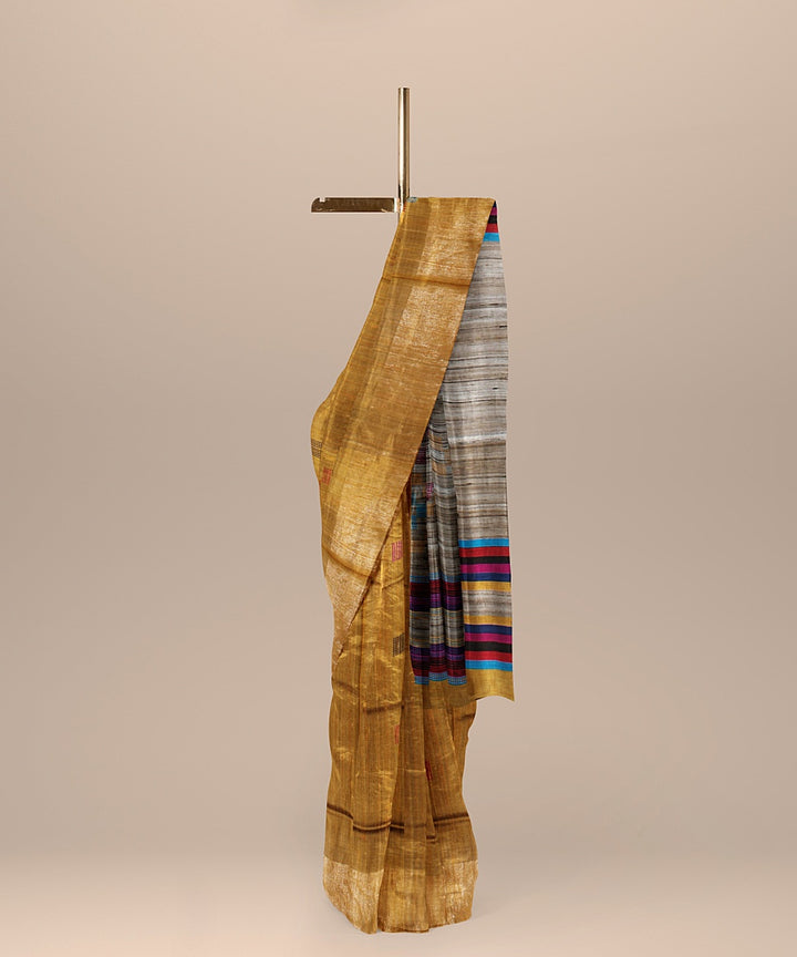 Brown multicolor raw silk handloom bhagalpur saree