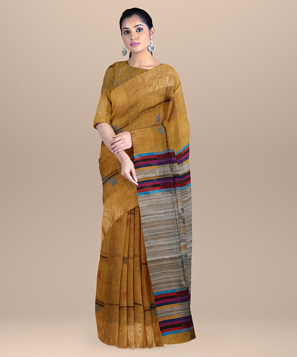 Brown multicolor raw silk handloom bhagalpur saree