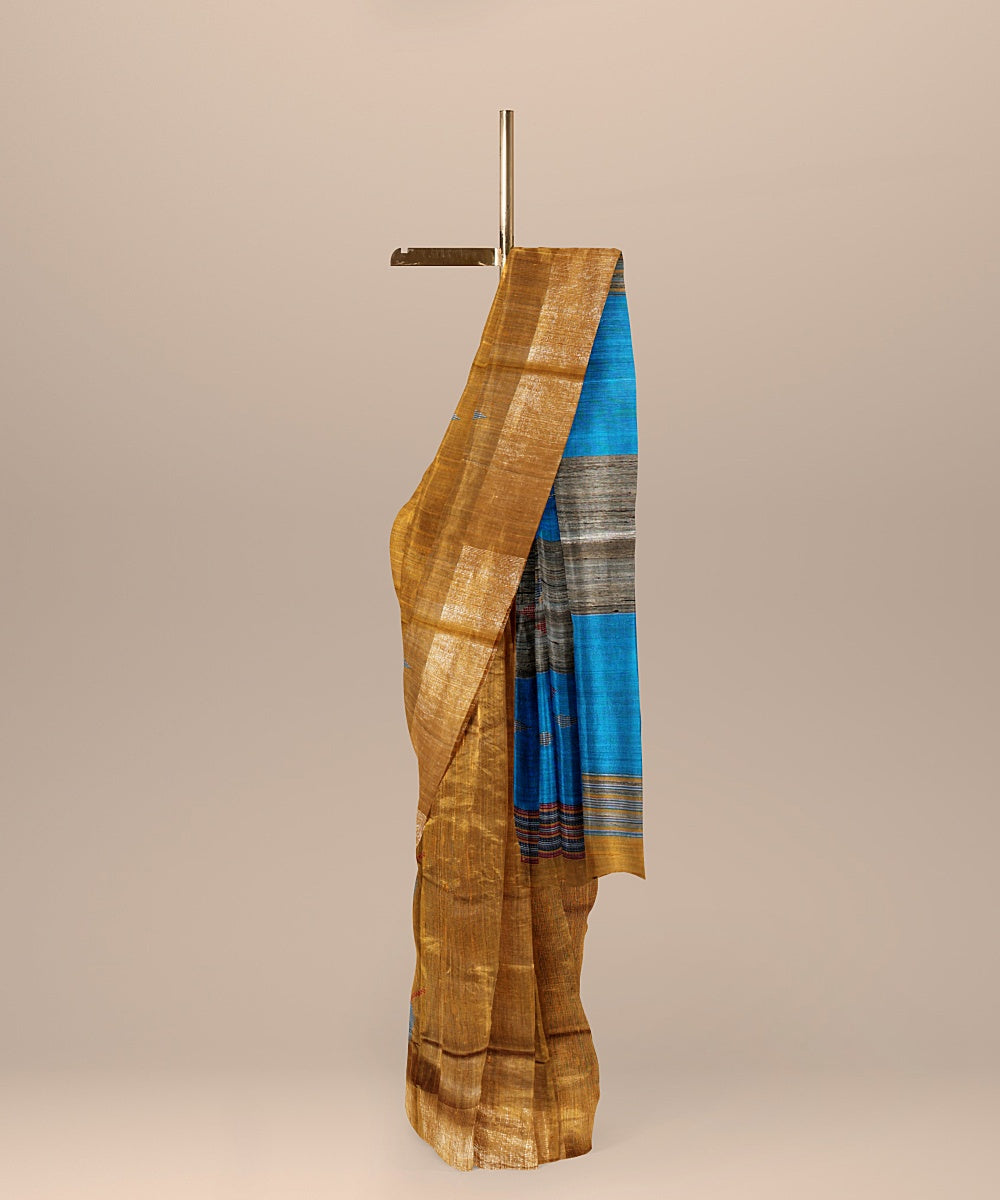 Brown cyan blue raw silk handloom bhagalpur saree