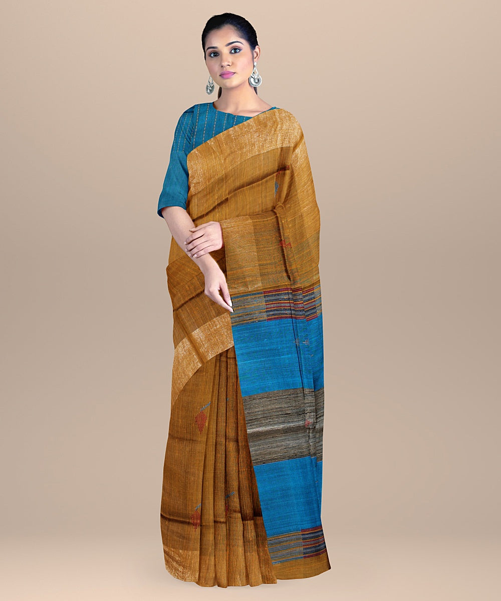 Brown cyan blue raw silk handloom bhagalpur saree