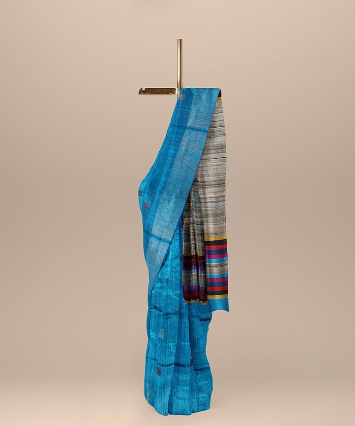 Cobalt blue multicolor raw silk handloom bhagalpur saree