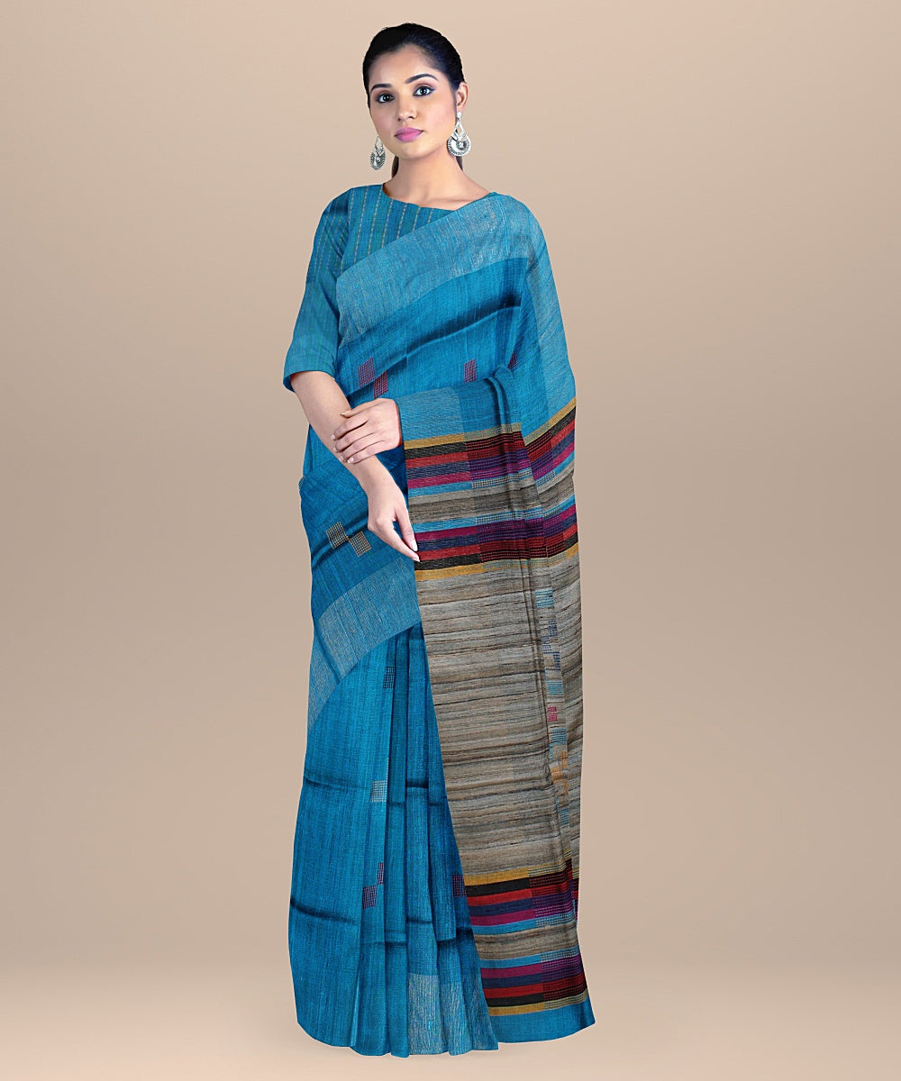 Cobalt blue multicolor raw silk handloom bhagalpur saree