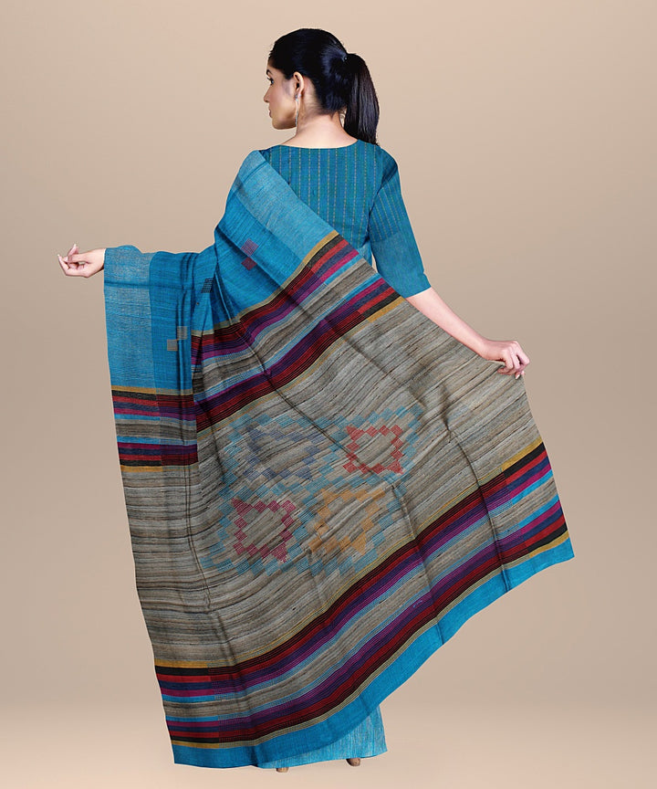 Cobalt blue multicolor raw silk handloom bhagalpur saree