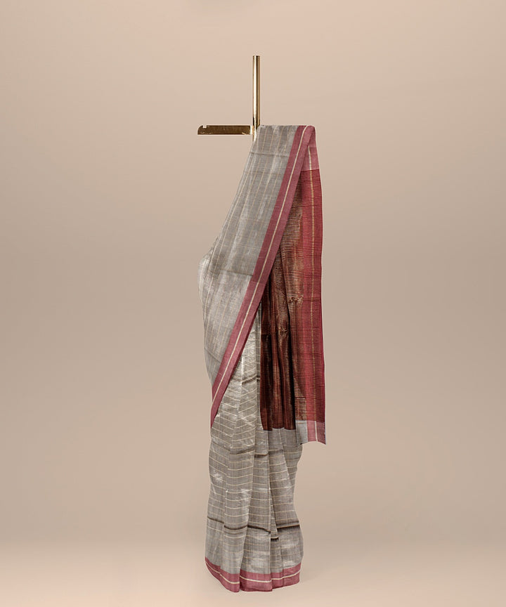 Grey maroon raw silk handloom bhagalpur saree