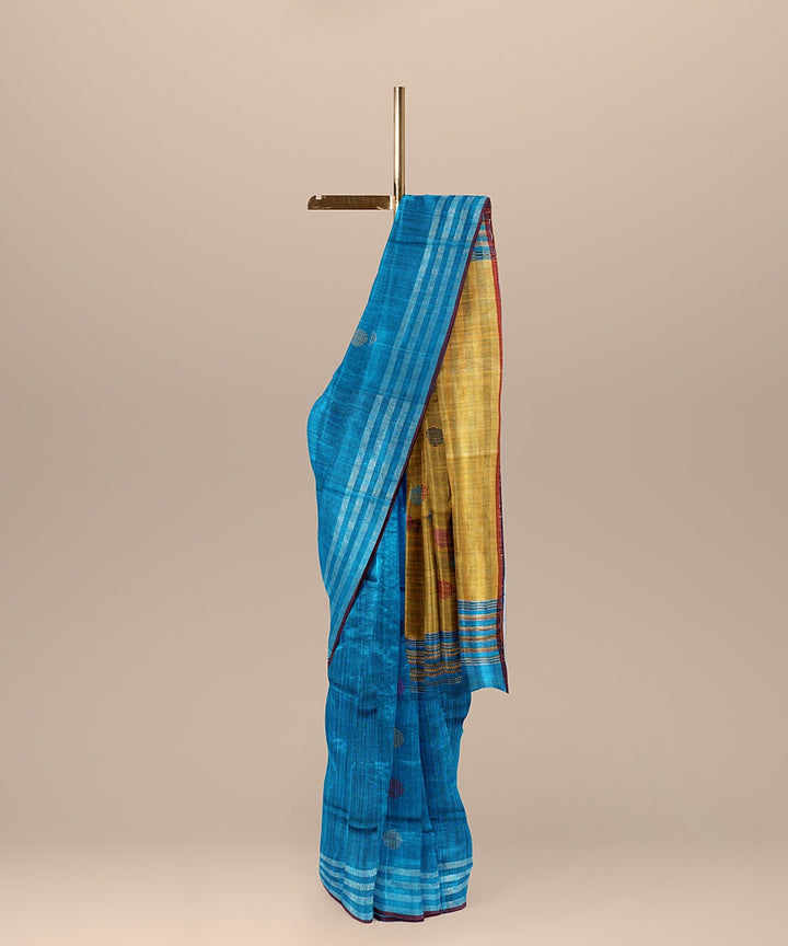 Royal blue brown raw silk handloom bhagalpur saree