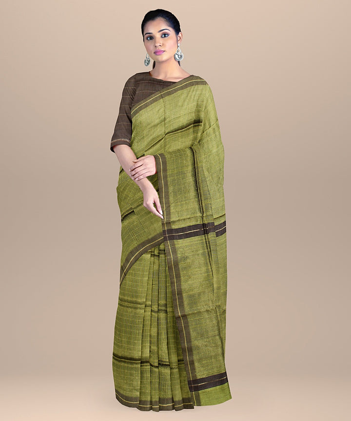 Olive green raw silk handloom bhagalpur saree