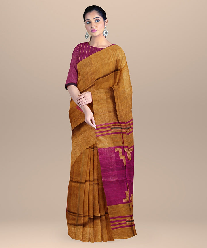 Brown magenta raw silk handloom bhagalpur saree