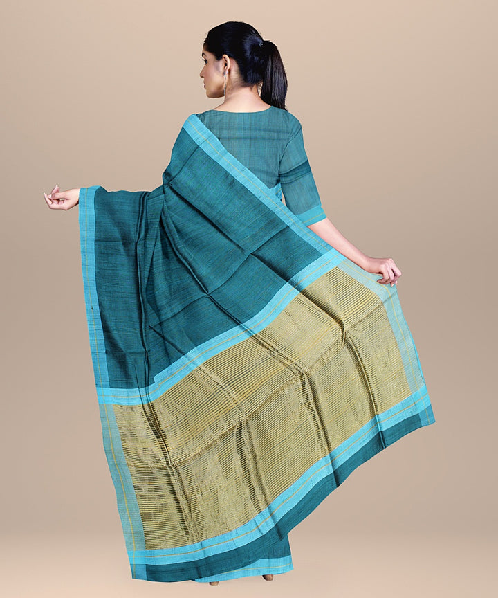 Cornflower blue golden stripe raw silk handloom bhagalpur saree