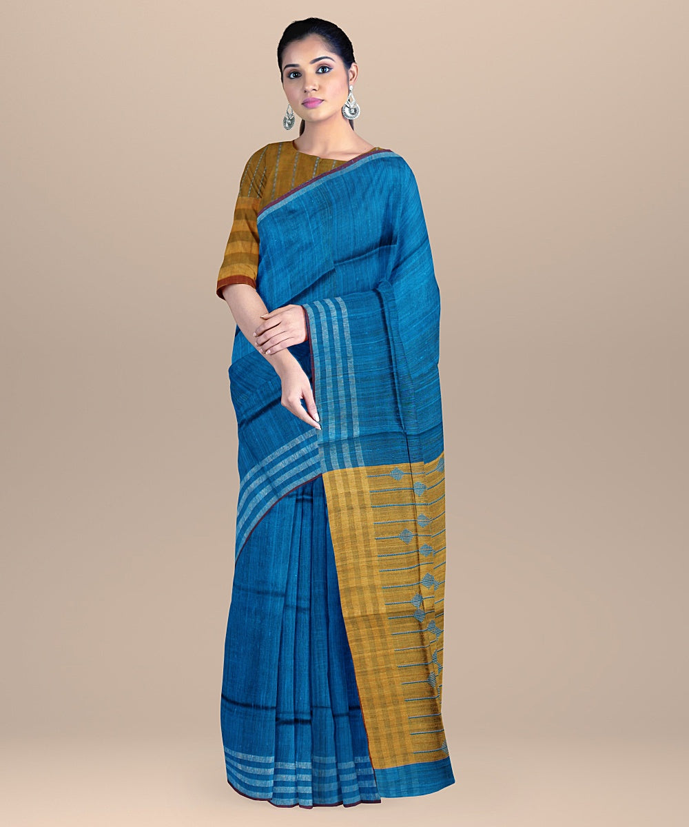 Bright blue brown raw silk handloom bhagalpur saree