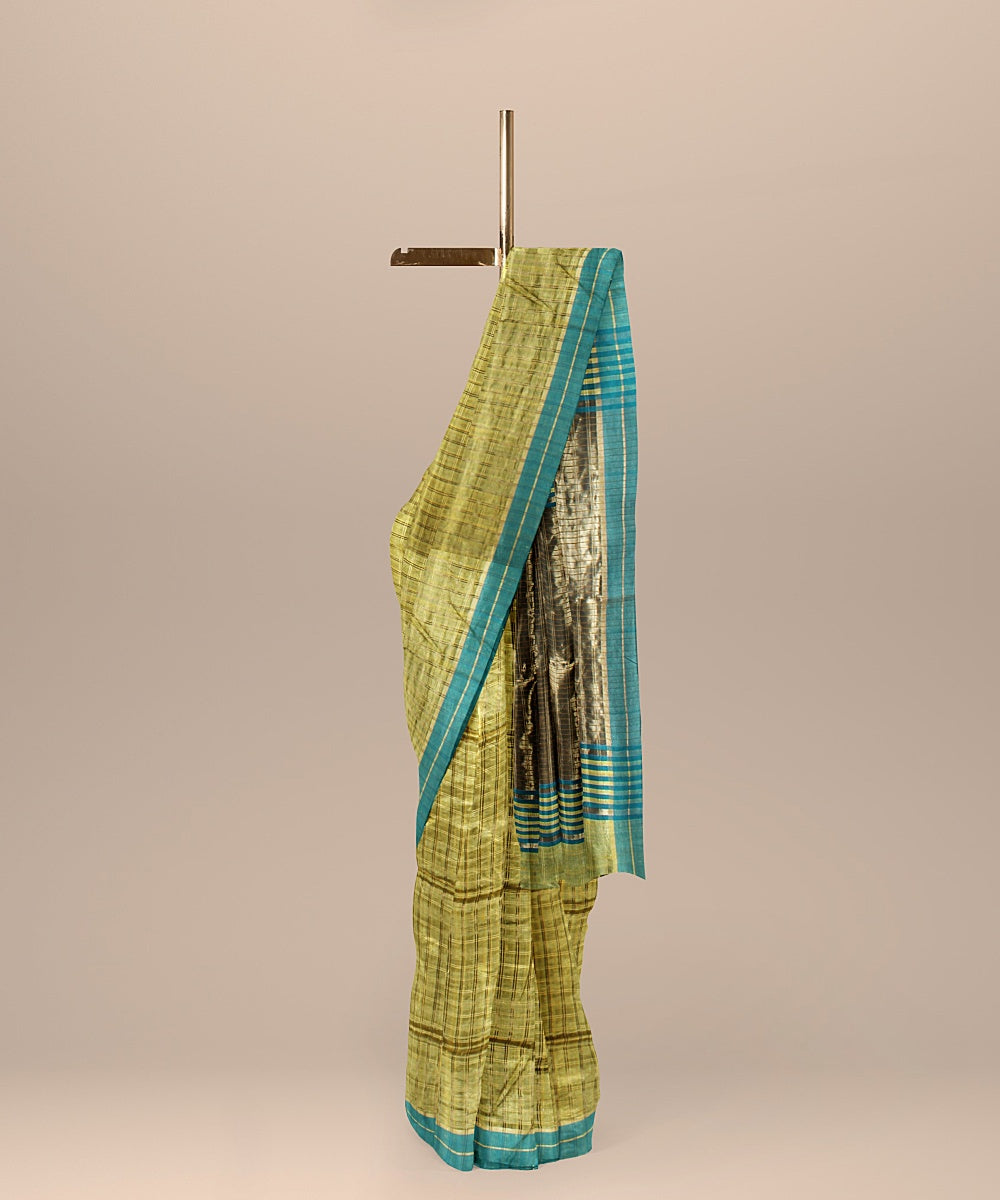 Olive green checked raw silk handloom bhagalpur saree