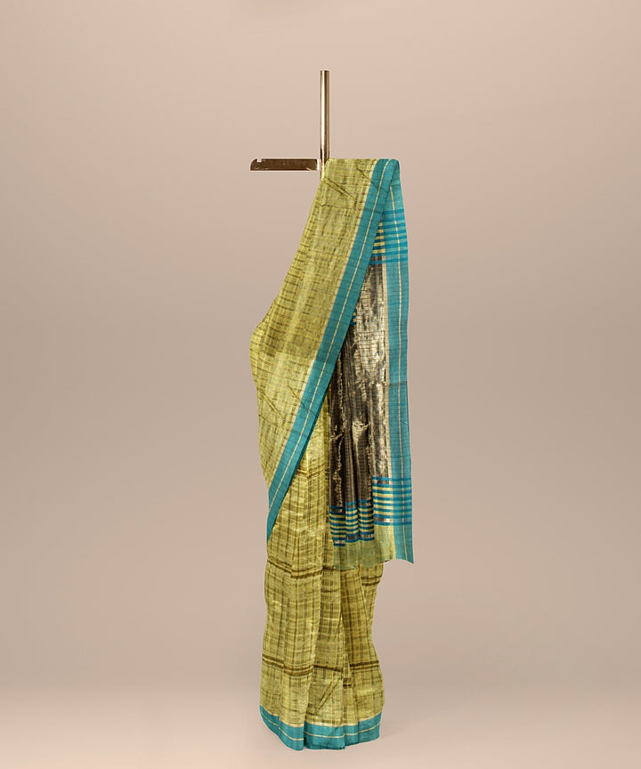 Olive green checked raw silk handloom bhagalpur saree