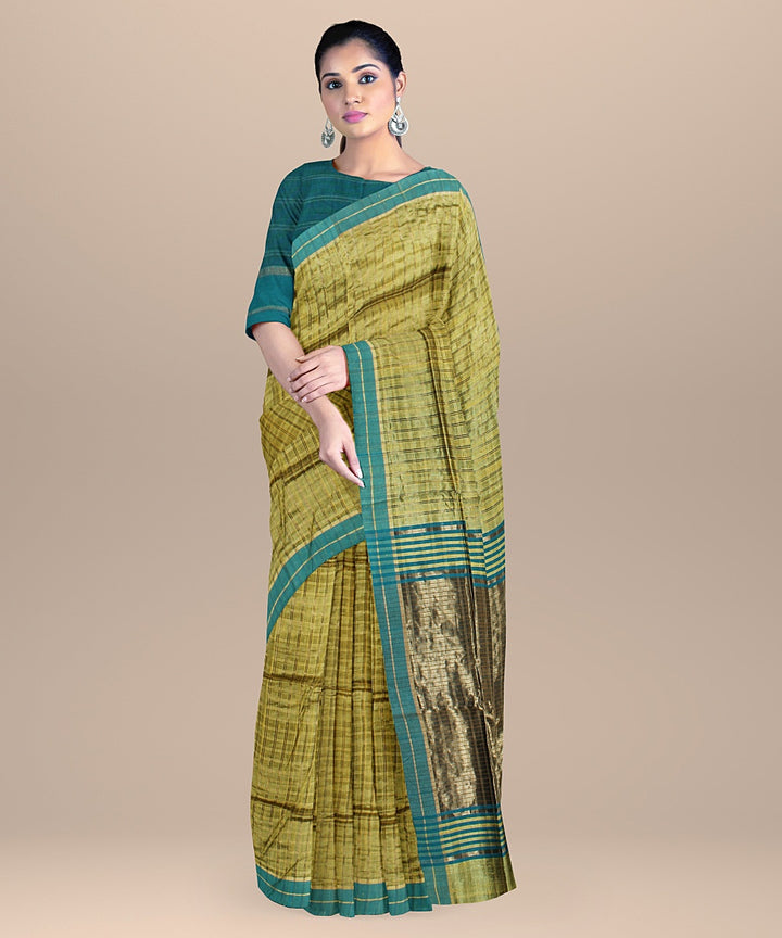 Olive green checked raw silk handloom bhagalpur saree