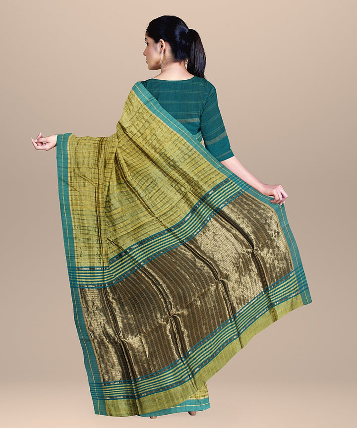 Olive green checked raw silk handloom bhagalpur saree