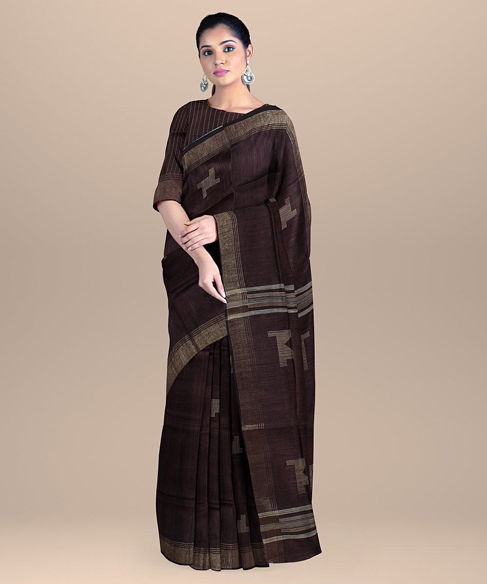 Brown raw silk bhagalpur handloom saree