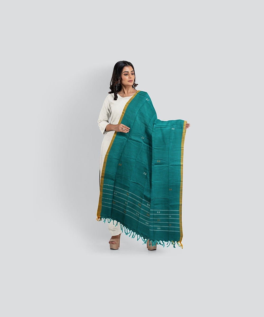 Teal Green Cyber Yellow Handloom Cotton Bomkai Dupatta