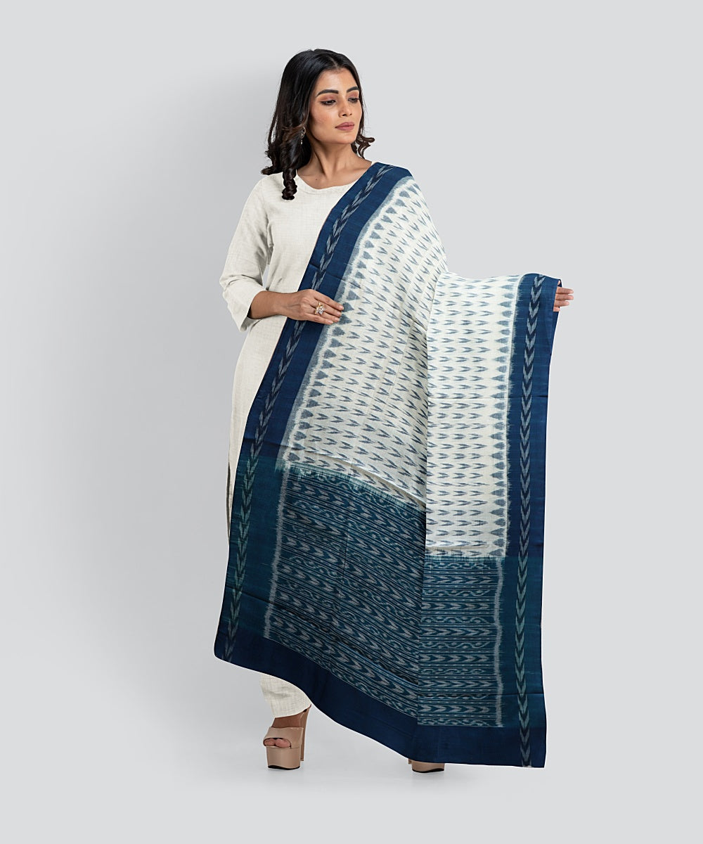 White Blue Sapphire Handloom Cotton Sambalpuri Dupatta