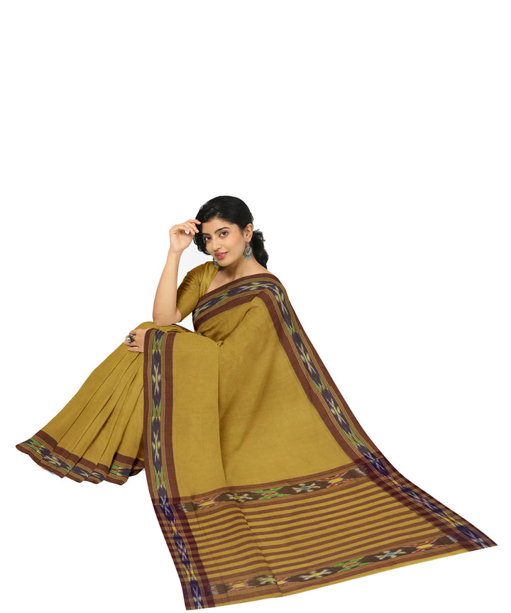Yellow brown cotton handwoven dulla saree