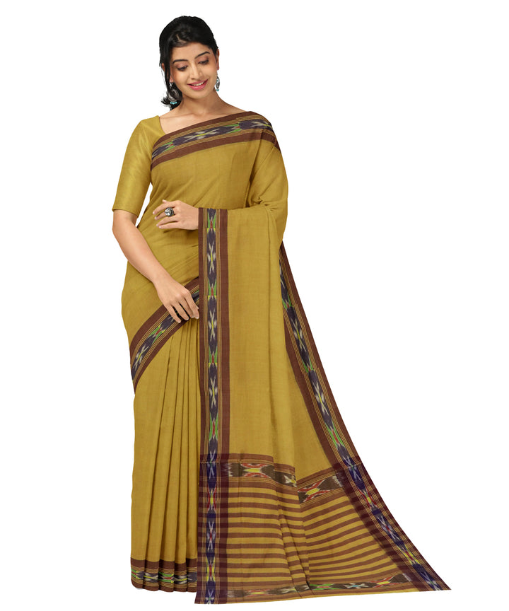Yellow brown cotton handwoven dulla saree